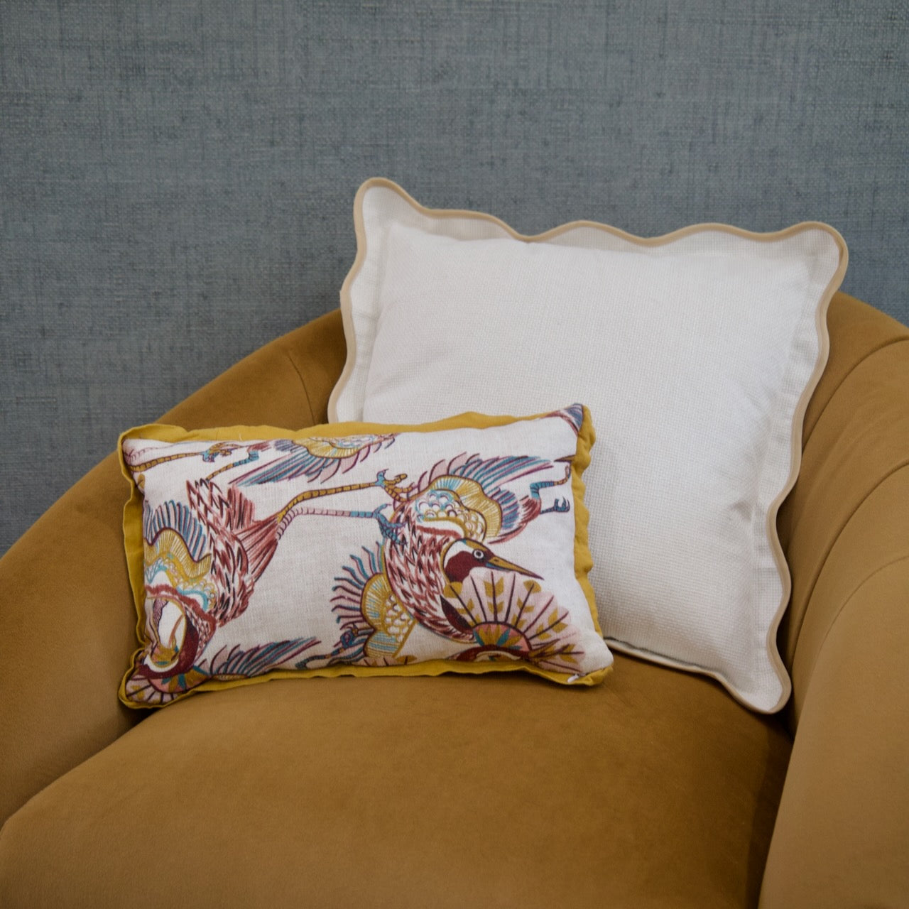 Handmade Decorative Pillow – Embroidered Cranes with Mustard Yellow Piping