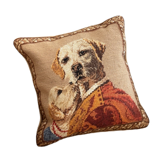 Vintage Needlepoint Pillow – Regal Dogs in Portrait Attire
