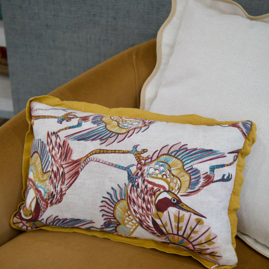 Handmade Decorative Pillow – Embroidered Cranes with Mustard Yellow Piping